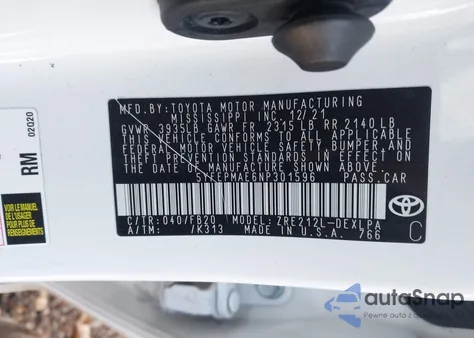 2022 Toyota Corolla Le из США, поврежденный, VIN 5YFEPMAE6NP301596